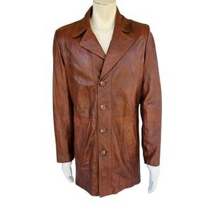 Vintage Designer International Leather Coat 42L Brown 70s Style Zip Liner